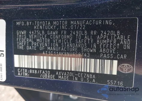 2022 Toyota Camry Le из США, поврежденный, VIN 4T1C11AK8NU658743